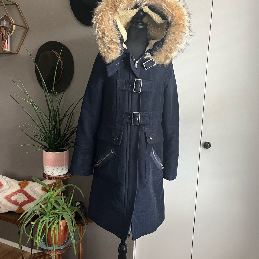 Women's Navy Parka with Faux Fur Hood